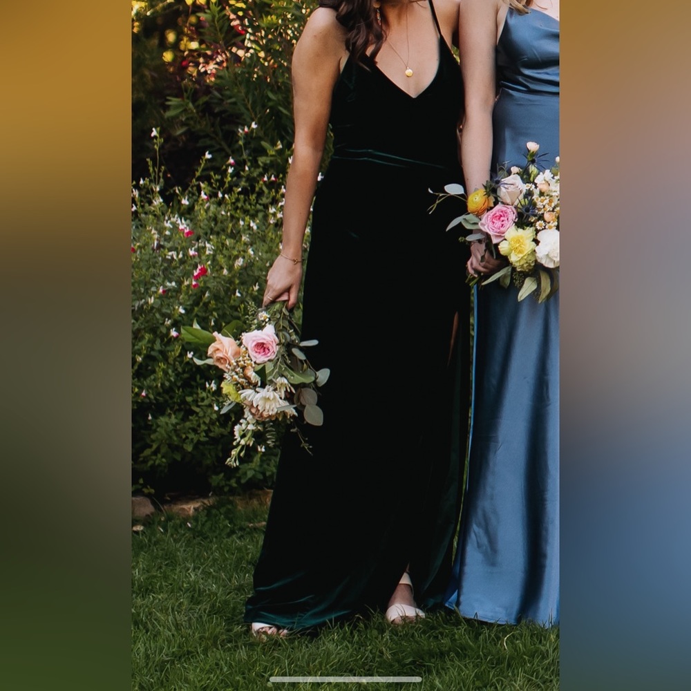 Emerald green velvet full length dress with leg slit Lulu’s bridesmaid dress